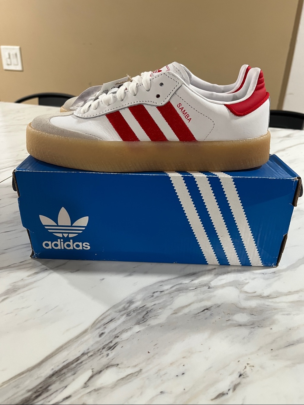 adidas Sambae White Red Sneakers with Gum Sole - Picture 3 of 5
